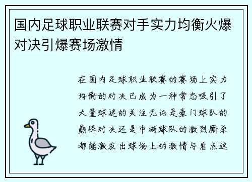 国内足球职业联赛对手实力均衡火爆对决引爆赛场激情