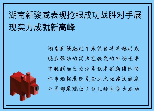 湖南新骏威表现抢眼成功战胜对手展现实力成就新高峰