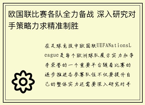 欧国联比赛各队全力备战 深入研究对手策略力求精准制胜