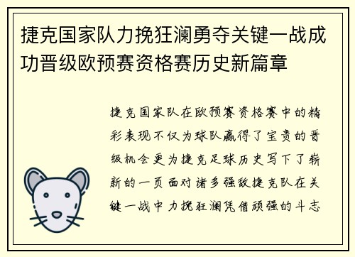 捷克国家队力挽狂澜勇夺关键一战成功晋级欧预赛资格赛历史新篇章