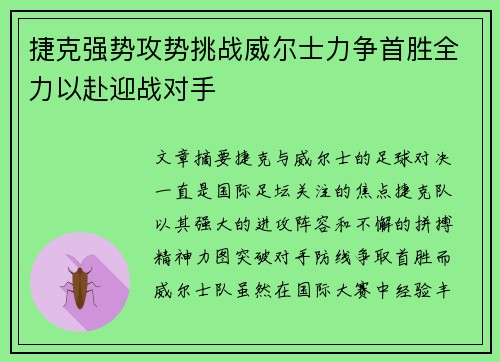 捷克强势攻势挑战威尔士力争首胜全力以赴迎战对手